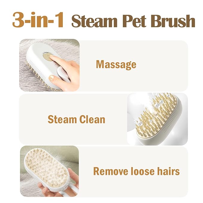 Rechargeable Pet Steam Brush for Cats & Dogs, Self-Cleaning Hair Brush for Shedding, Rotating Handle Cat & Dog Grooming Tool for Long & Short Hair- White