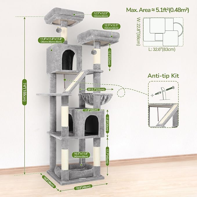 Globlazer Large Cat Tree Tower for Indoor Cats, 74in Tall Sturdy Cat Tree Condo for Large Cat with Scratching Posts and Board, Cat Condos for Adult Cats Kittens, Top Perches,Pet Bed, F74D, Light Grey