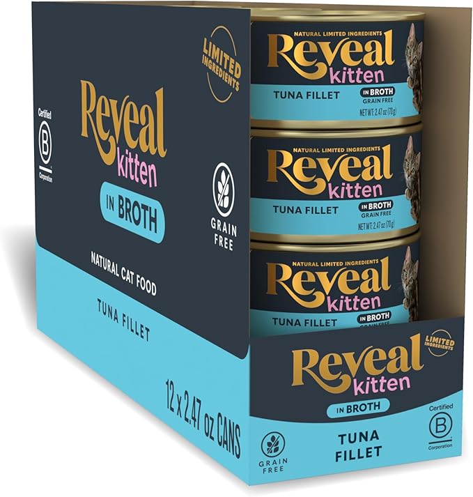 Reveal Natural Wet Kitten Food in Broth, Limited Ingredient Grain Free Canned Kitten Food, Protein with No Artificial Additives, Tuna Fillet in Broth (12 x 2.47 oz Cans)