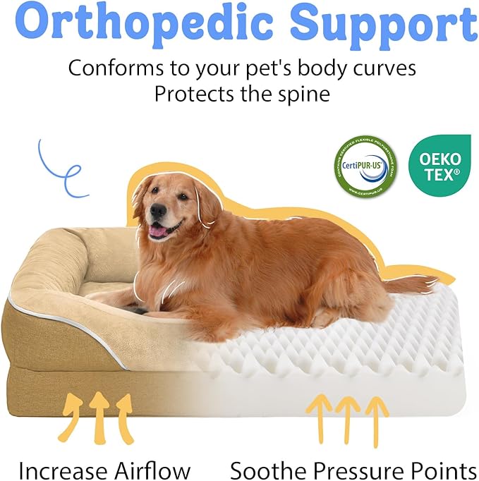 Orthopedic XL Large Dog Bed - Removable Bolster & Waterproof Washable Cover for Pet Extra Large Bed with Foam Support Non-Slip Bottom Dog Beds