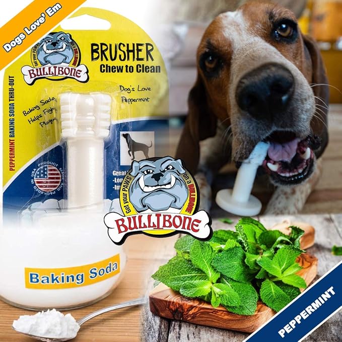 Bullibone Brusher: Dog Teeth Cleaning Brushing Toothbrush Stick - Long Lasting Nylon Peppermint Chew Toy for Dog Oral Care and Dental Health for Small Dogs and Puppies