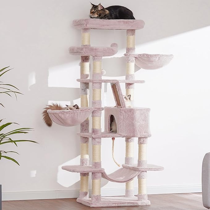 Heybly Cat Tree, 68 inch Multi-Level Cat Tower for Indoor Cats, 2 Widened Plush Perches Cat Condo with Scratching Board and Big Caves, Muchroom HCT025MU