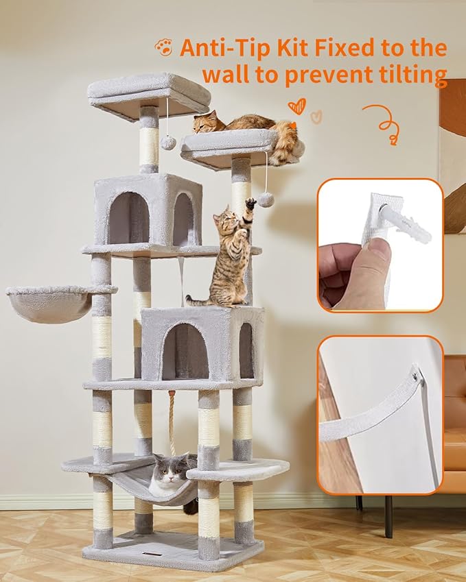 Taoqimiao Cat Tree, 71.7-Inch Cat Tower for Indoor Cats, Plush Multi-Level Cat Condo with 13 Scratching Posts, 2 Perches, 2 Caves, Hammock, 2 Pompoms,Light Gray MS013LW