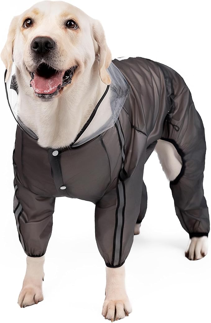 Olsa Dog Raincoat, Dog Hooded Slicker Poncho, 4 Legs Rain Jacket with Reflective Stripe, Transparent Water Proof Resistant Rain Snow Clothes for Small Medium Large (Black, M)