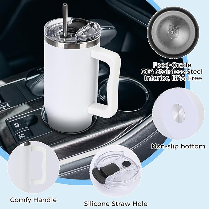 40 oz Tumbler with Handle and Straw Lid Insulated Cup Stainless Steel Water Bottle Travel Mug Cupholder Use Gifts for Women Men Kids Trek Collection White