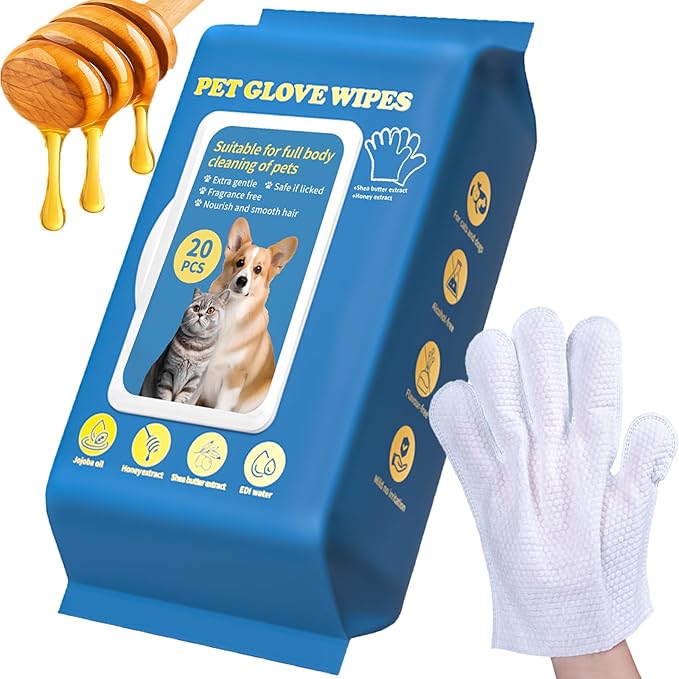 Pet Glove Wipes, Pet Grooming Gloves - for Dog Cat Hair Removal, Bathing & Deshedding, Cleaning Glove for Dog and Cat Paws, Body and Butt, Ear, Eye, Daily Care and Travel,Thickened-20PCS