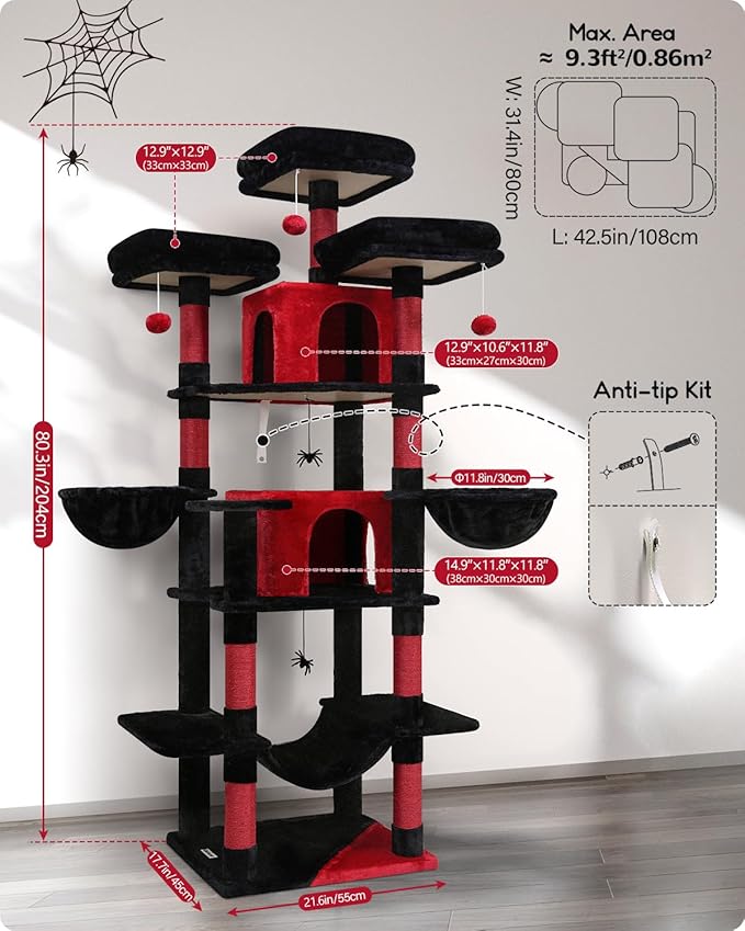 Globlazer Gothic Cat Tree, 80inch Goth Cat Tower for Indoor Cats Multiple Adult Cats XXL Cat Tree Large Cat Tower with Scratching Post, Hammock, 3 Perches, 2 Condos, 2 Hanging Basket, F80, Black Red