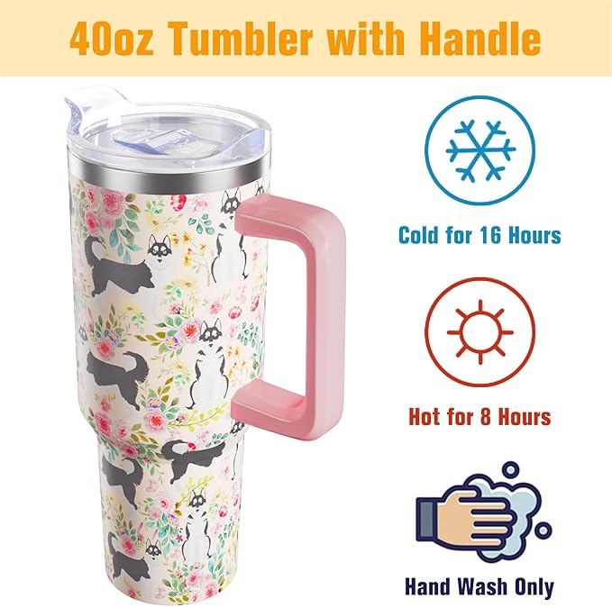 Husky Gifts for Women Dog Lovers 40 oz Floral Husky Tumblers with Handle and Straw, Stainless Steel Vacuum Insulated Travel Coffee Mug Cup Water Bottle