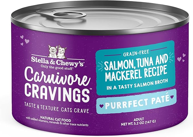 Stella & Chewy's Carnivore Cravings Purrfect Paté - Premium Grain-Free Wet Cat Food - Salmon, Tuna & Mackerel Recipe - High Protein with Bone Broth - Perfect for Picky Eaters - 5.2oz Cans (24 Pack)