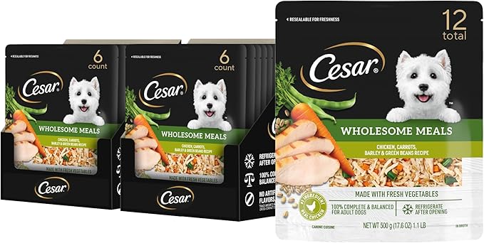 Cesar Wholesome Meals Wet Dog Food, Chicken, Carrots, Barley & Green Beans Recpie, 17.6 oz. Pouch (6 Count, Pack of 2)