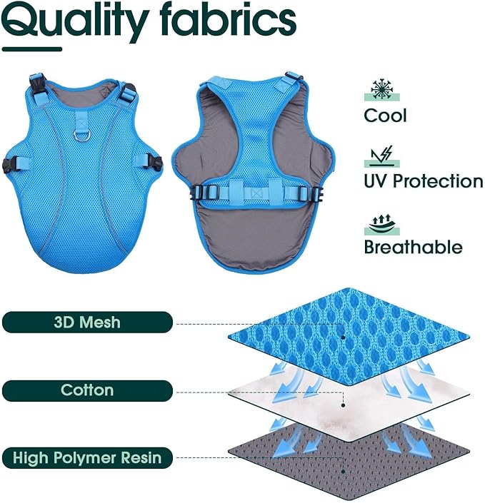 Kuoser Dog Cooling Vest for Large Dogs, Lightweight Doggie Cooler Jacket Breathable Mesh Pet Cooling Shirts Reflective Puppy Cool Harness for Beach, Hiking, Walking Blue XL