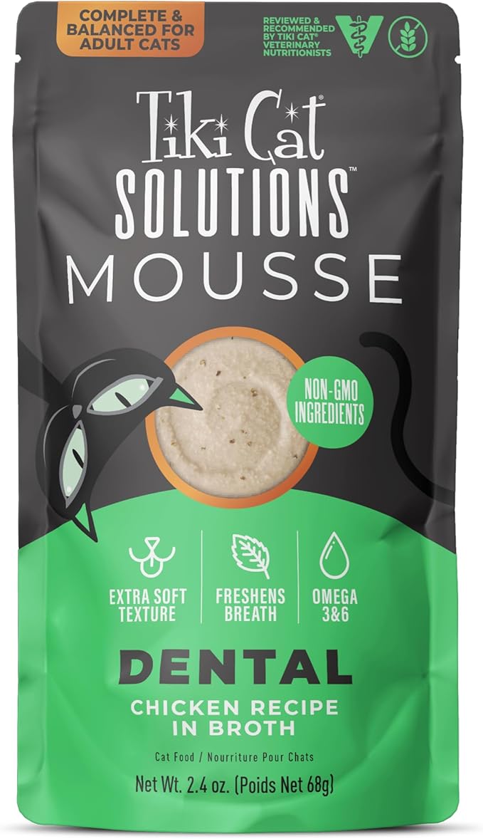 Tiki Cat Solutions Mousse Wet Cat Food, Dental, Chicken Recipe in Broth, 2.4 oz. Pouch (12 Count)