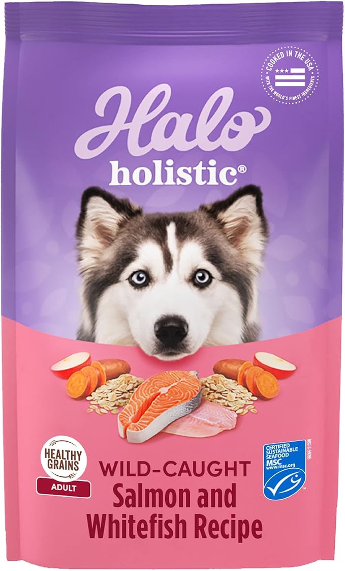 Halo Holistic Dog Food Wild Caught Salmon & Whitefish Formula, Healthy Grains Dry Dog Food, Complete Digestive Health, Kibble for Adult Dogs, 3.5 lb Bag
