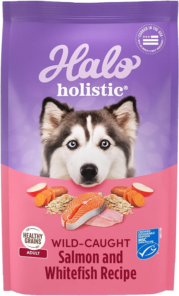 Halo Holistic Dog Food Wild Caught Salmon & Whitefish Formula, Healthy Grains Dry Dog Food, Complete Digestive Health, Kibble for Adult Dogs, 21 lb Bag