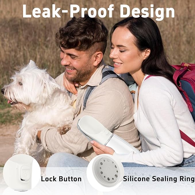 Portable Dog Water Bottle with Bowl, Leak Proof, Convenient for Walking, Hiking and Camping (White, 19oz)