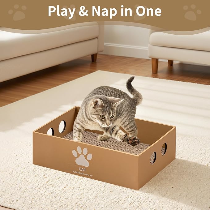 Heavy Duty Cardboard Cat Scratcher Box, Cat Bed with Double-Sided Cardboard Scratch Pad, Interactive Hole Design, Scratch Lounge Bed Suitable for Cats to Rest(Paw Pattern)
