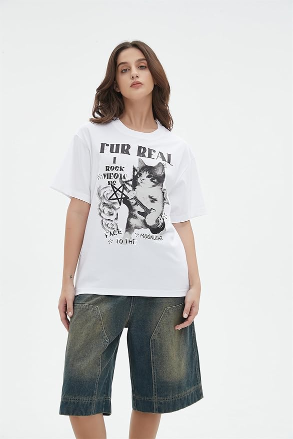 Y2k Graphic Unisex Tees Rock Guitar Cat T-Shirt Short Sleeve Oversized Tee Vintage Retro Grunge Streetwear Shirts