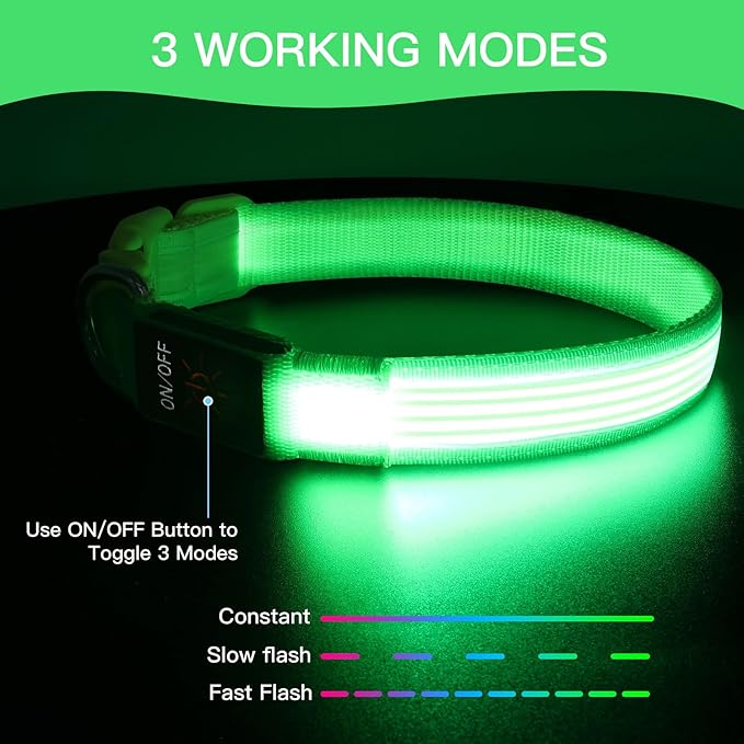 YFbrite Light up Dog Collar, USB Rechargeable LED Puppy Collar Super Bright Adjustable Glowing Dog Lights for Night Walking (Design 2-Green, Medium)