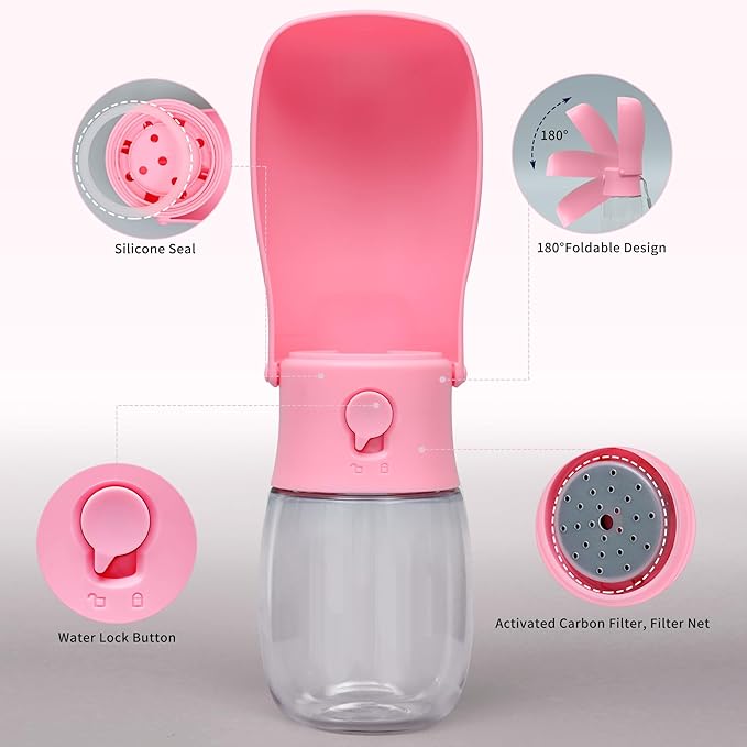 Dog Water Bottle, Leak Proof Portable Puppy Water Dispenser, Travel Puppy Water Bowl, Foldable Transparent Dog Water Bottle for Pets Outdoor Walking, Hiking, Travel, Food Grade Plastic - 10oz Pink