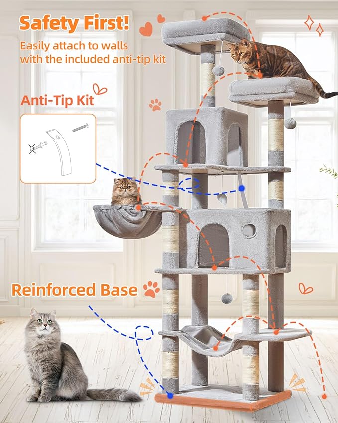 Taoqimiao Large Cat Tree,73-Inch Cat Tree Tower with 9 Scratching Posts for Indoor Cats, 2 Large Cat Condo with Hammock, Hanging Basket, 2 Extended Platform, Light Gray MS013XLW