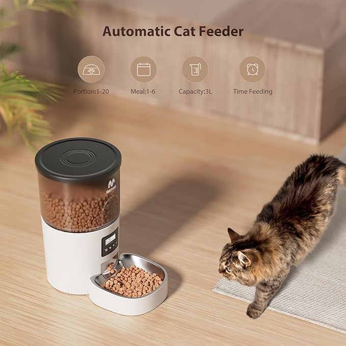 Automatic Cat Feeder, 3L Timed Pet Dry Food Dispenser with Clog-Free Design, Auto Feeder for Cats, 1-6 Meals Per Day,with Stainless Steel