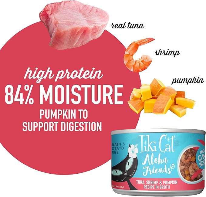 Tiki Cat Aloha Friends, Tuna, Shrimp & Pumpkin, Grain-Free & High Moisture, Wet Cat Food for All Life Stages 5.5 oz. Cans (Pack of 8)