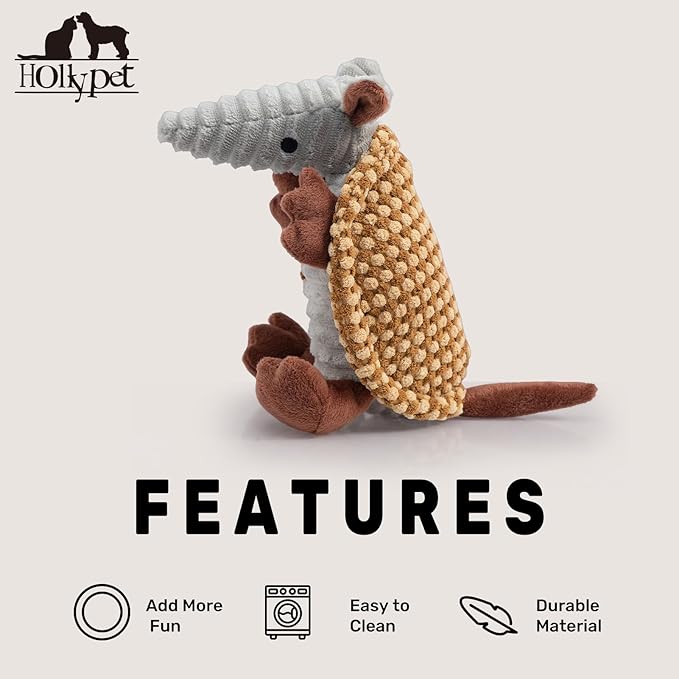 Hollypet Plush Dog Squeaky Toy Stuffed Armadillo Animal Pet Puppy Chew Toys with Clean Teeth for Small Medium Large All Breed Sizes Dogs, Yellow and Khaki,8 in