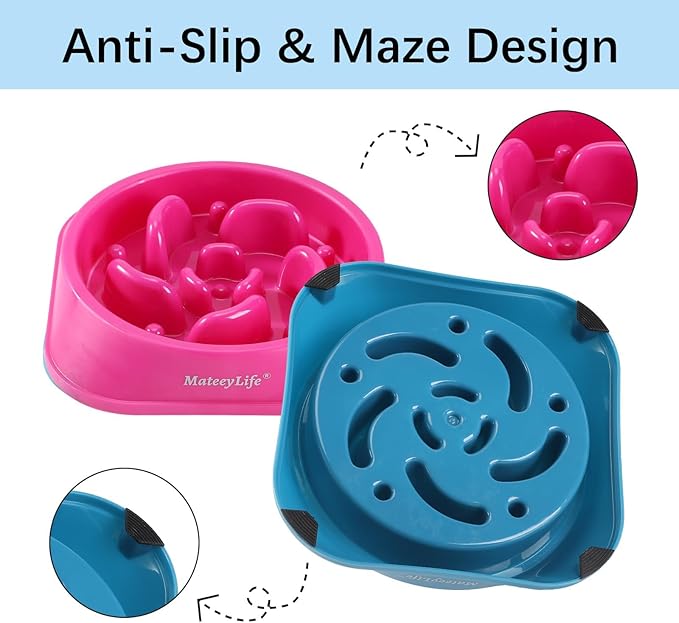 MateeyLife Slow Feeder Dog Bowls 2PCS, Anti-Choking Puzzle Dog Food Bowls, Anti-Slip Interactive Feeding Slow Down Eating, Bloat Stop Maze Dishes for Medium Large Breeds Purple&DarkBlue