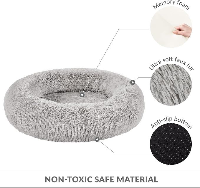 Friends Forever Serena Donut Memory Foam Orthopedic Dog Bed, Soft Faux Fur Oval Cat Couch For Indoor Pet, Fluffy Calming Plush Shag, Round Raised Bolster Cushion, Machine Washable Cuddler, Grey