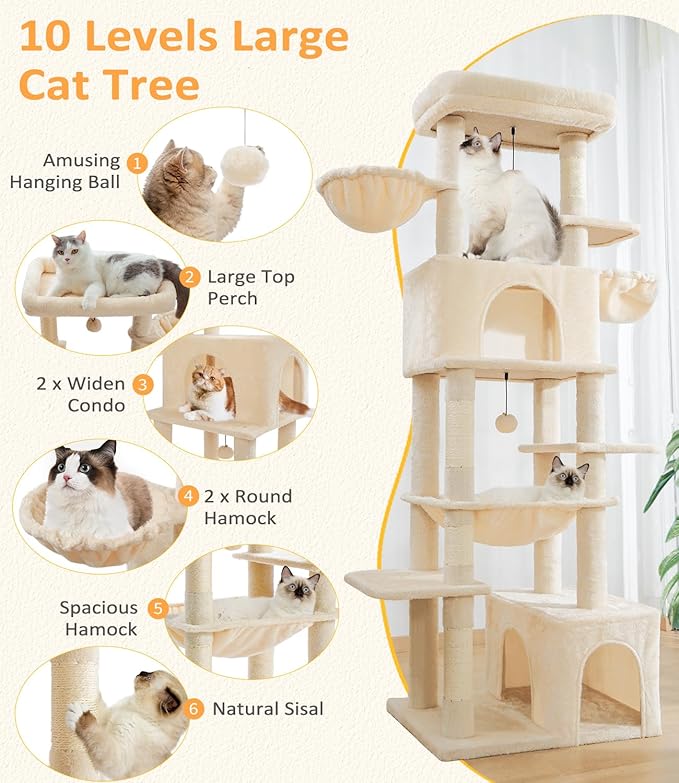 Cat Tree Large Cat Tower Tree 68" Multi-Level Cat Tower for Indoor Cats with Sisal Scratching Posts, Widen Cat Perche, Square Hammock, 2 Widen Condos, Scratching Posts, Beige