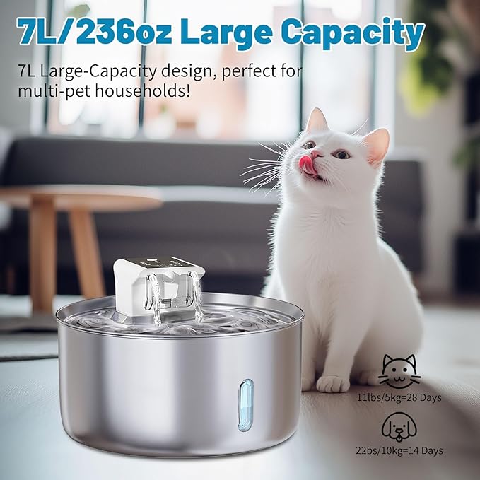 Automatic Wireless Pet Water Fountain - 7L/236oz Slow Water Bowl for Cats & Dogs, Motion Sensor Stainless Steel Dispenser with Quiet Pump, Cordless Filtered Water Bowl for Continuous Fresh Flow