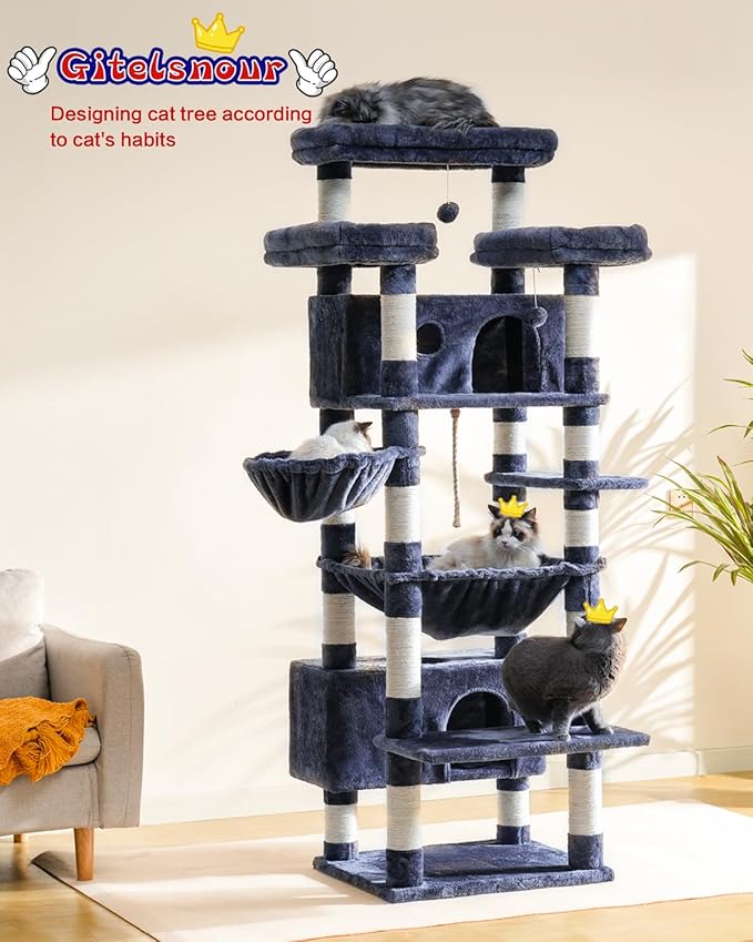 Cat Tree for Indoor Cats Large Adult, 74" Cat Tower with 3 Big Platforms, 2 Baskets, 2 Condos, Multi-Level Cat Scratching Posts, Smoky Gray GCT030G