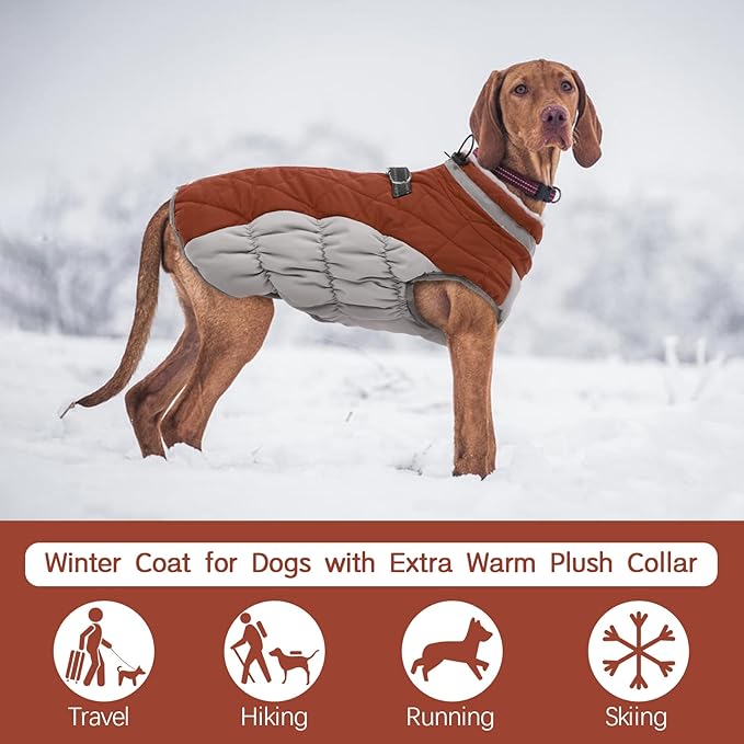 FUAMEY Dog Coat for Large Dogs,Waterproof Dog Winter Jacket with Harness Built in Puppy Cold Weather Coats Reflective Pet Vest with Zipper Warm Fleece Dogs Snowsuit Windproof Brown L