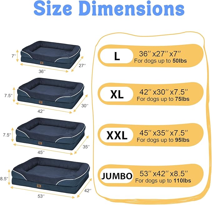 Orthopedic Washable Large Dog Bed - Egg Foam Dog Beds for Large and Medium Dogs Big Pet Beds with Removable Washable Cover and Bolster for Extra Large Dogs