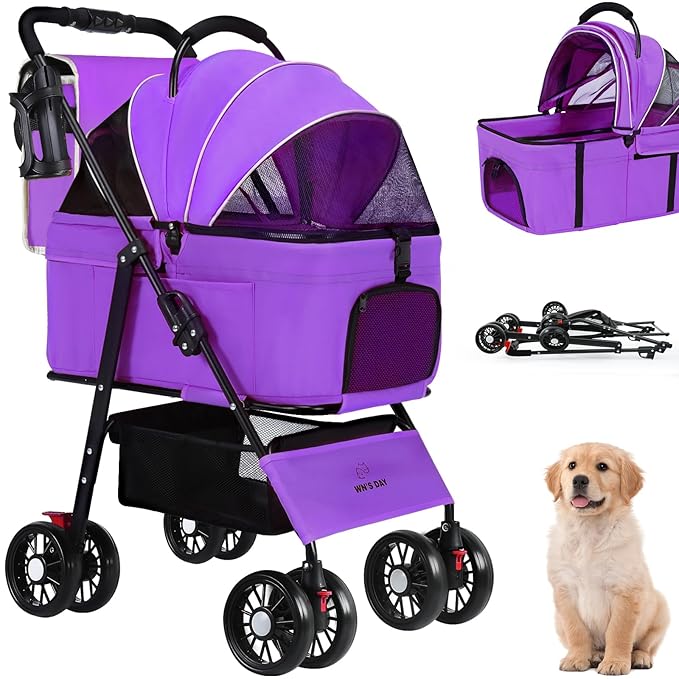 3 in 1 Pet Dog Stroller for Small Medium Dogs 10-50 lbs, Foldable Cat-Strollers for 2-Cats with Removable Carrier, Pet-Strollers for Cats with Storage Bag, Small Puppy-Stroller, Dog-Cart (Pink)