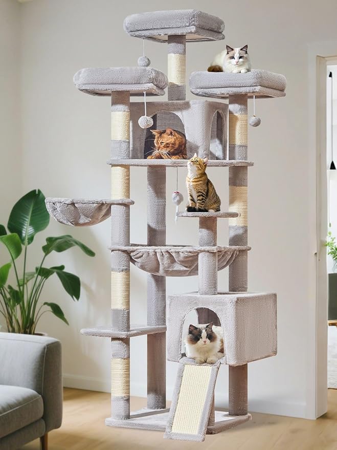 Taoqimiao 76-Inch Cat Tree with Scratching Posts,XXL Cat Tower for Large Cats with Cat Scratching Board,Extra-Large Metal Hammock,3 Perches, 2 Big Condos, Hanging Basket,MS047W,Light Gray