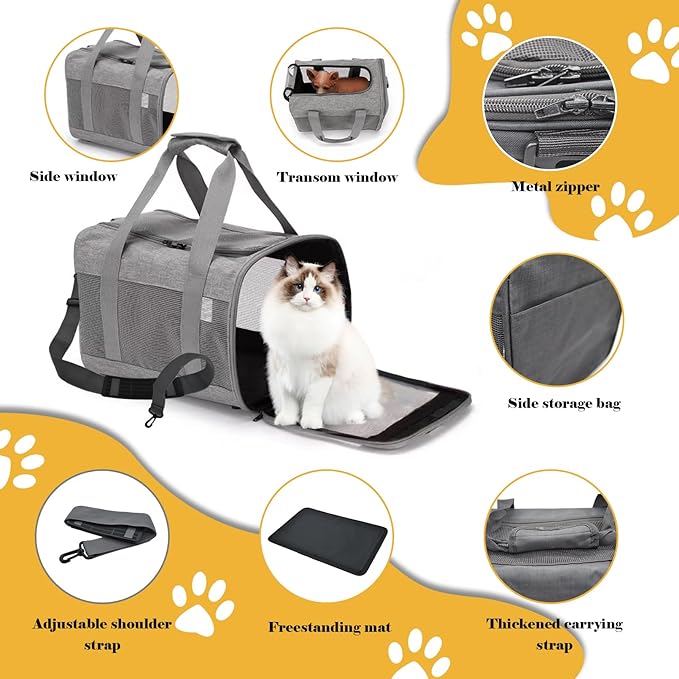 Pet Carrier Bag for Cats,Cat Soft-Sided Carriers Collapsible Ventilated Breathable Puppy Carrier for Small Dogs Airline Approved Kitty Carrier for Small Medium Cat Puppy Under to 12 Lb(Grey)
