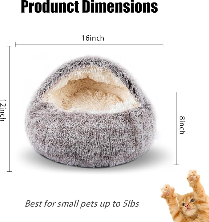 Calming Dog Beds & Cat Cave Bed with Hooded Cover,Washable Round Beds for Small Medium Pets,Anti-Slip Faux Fur Fluffy Coved Bed,Comfortable Warming Pet Bed(16 * 16inch,Khaki)