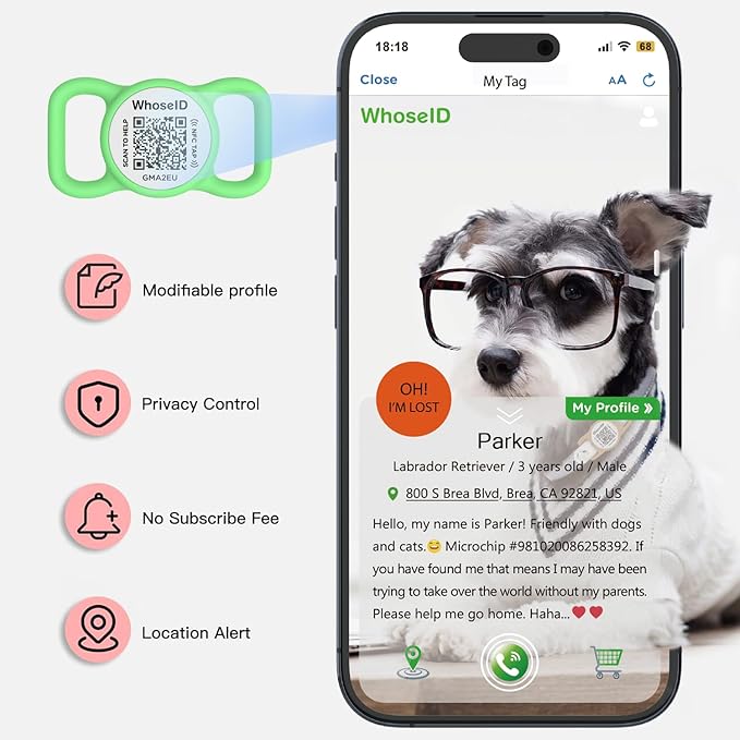 QR Code Dog Tag with NFC, Personalized Pet ID Tag, Silent Silicone Dog ID Tag, Modifiable Pet Online Profile, Multiple Emergency Contact, Scan QR Code Send GPS Location Email (Small Green)
