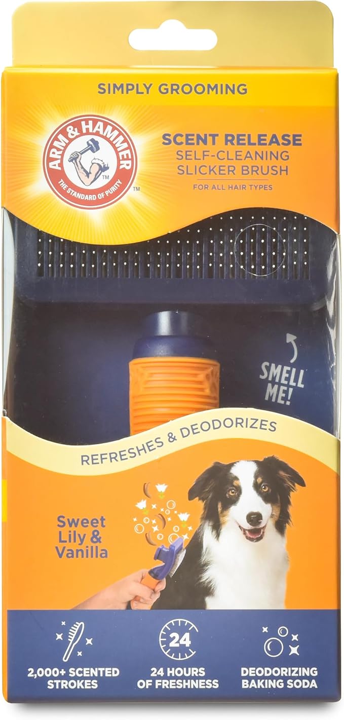 Arm & Hammer “Simply Calm” Dog Grooming Slicker Deodorizing Brush with Fragrance Transfer Technology – Scented Self-cleaning for Shedding, Scented for Dogs with Sweet Lily & Vanilla Scent