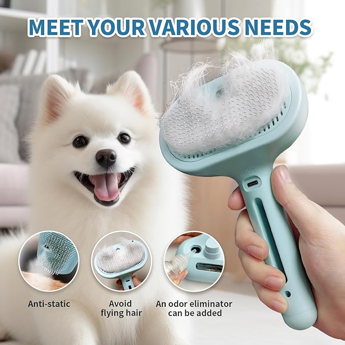 Spray Cat Brush for Shedding, Static & Tangled Hair - Self Cleaning, Long & Short Hair Pets Grooming Brush (Blue)