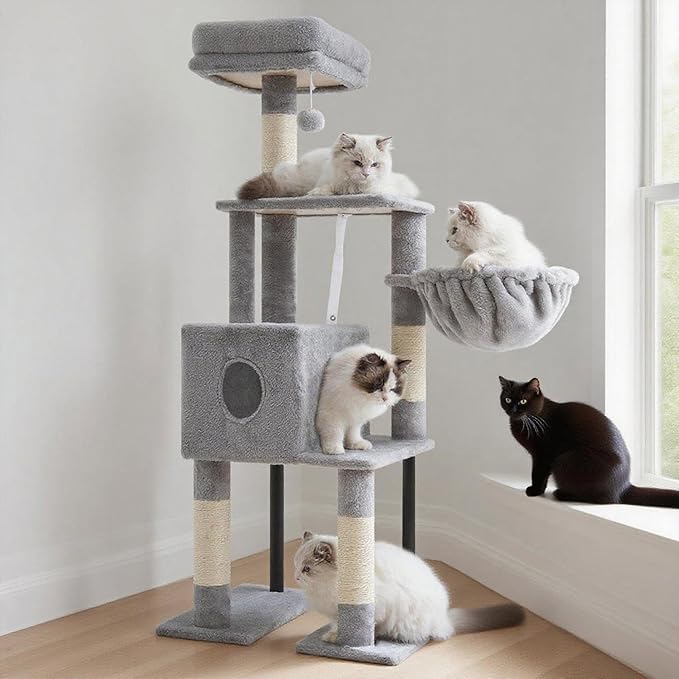 Heybly Cat Tree, 49.2 Inches Cat Tower for Indoor Cats, Spacious Cat House Condo with Hidden Space,Sturdy Steel Tube,Soft Plush Top Perch,Cozy Hammock and Sisal Scratching Posts, Light Gray HCT200SW