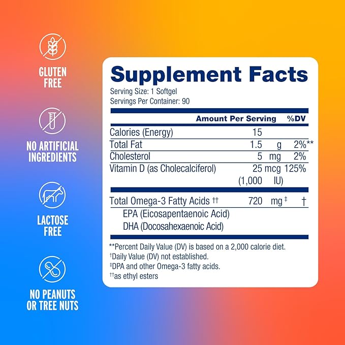 Oceanblue Essentials Everyday Omega 3 – 90 Count – Burpless Fish Oil Supplement with Vitamin D3 – EPA & DHA for Heart and Immune Support – Non-GMO – Tasty Orange Flavor – 3 Month Supply