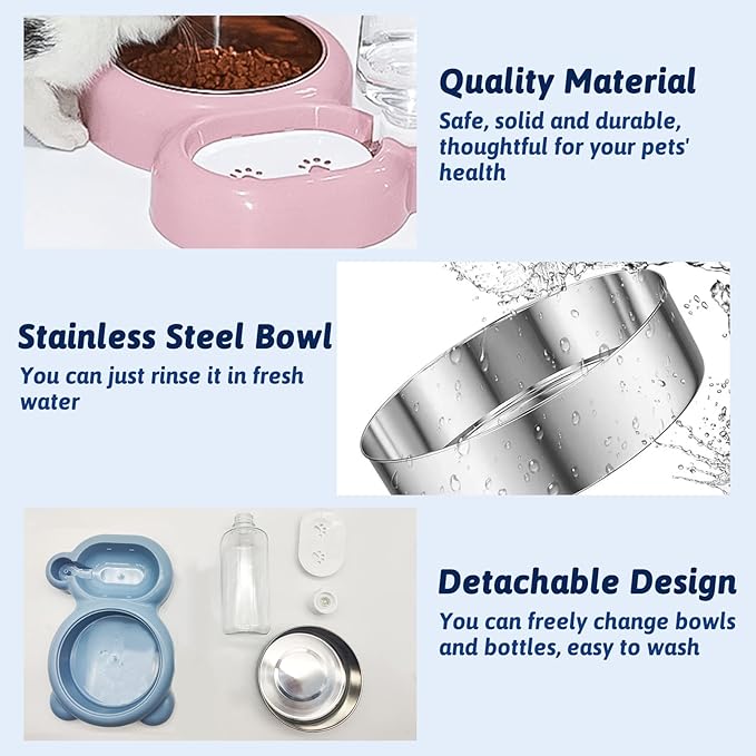 Tfwadmx Double Rabbit Bowls Cat Automatic Feeder with Gravity Water Bottle No Spill Detachable Dog Stainless Steel Bowl Set for Bunny Puppy Kitty Kitten Ferret Squirrel
