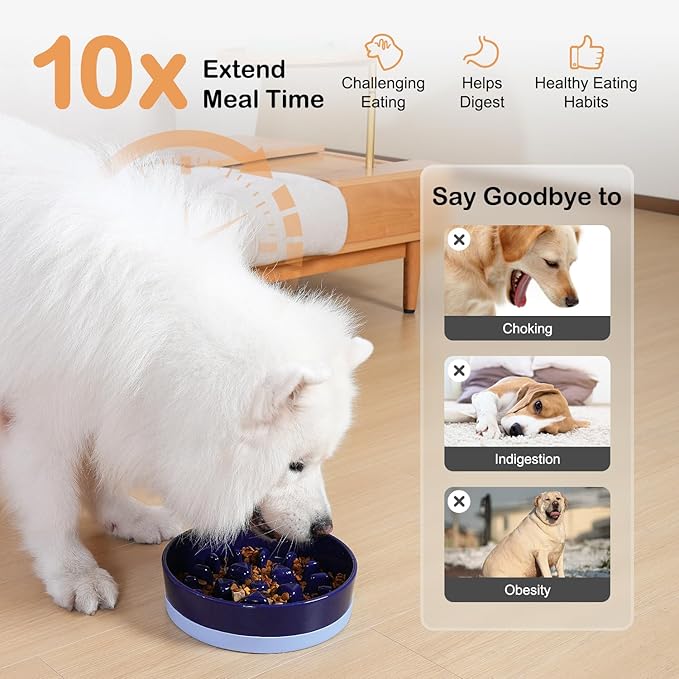 Sted Ceramic Slow Feeder Dog Bowls for Medium Large Breed, Slow Feeding Dog Bowl, Dog Food Bowls for Fast Eaters, Slow Down Eating, Puzzle Dog Food Bowl with Silicone Base, Maze Blue