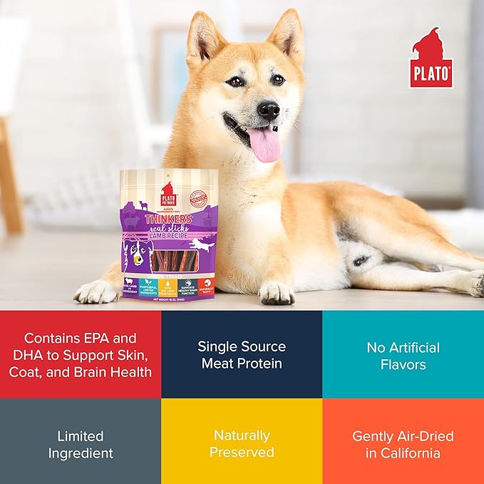 Plato Pet Treats Thinkers - Meat Sticks for Dogs - Limited Ingredient Treats with EPA and DHA to Support Skin, Coat, and Brain - Air-Dried - Lamb 18oz