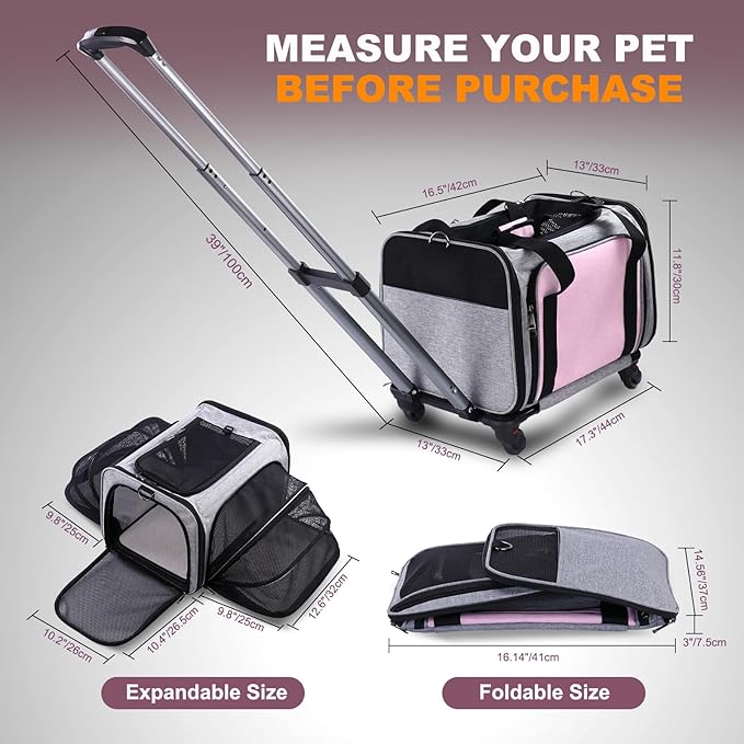 Pet Carrier Airline Approved on Wheels - Two Sided Expandable Cat Soft Carrier for Puppy and Cats Under 26lbs, Rolling Cat Carrier for Airplane, Camping, Outdoor