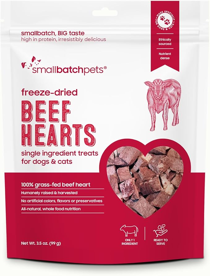 smallbatch Pets Premium Freeze-Dried Beef Heart Treats for Dogs and Cats, 3.5 oz, Made and Sourced in The USA, Single Ingredient, Humanely Raise Meat, No Preservatives or Anything Artificial Ever