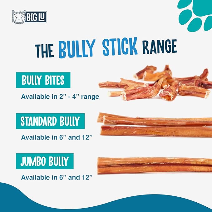 Big Lu - 6” Regular Bully Sticks, 12 Count, 100% Grass-Fed Beef Chews, Fully Digestible, Long-Lasting Treats for Aggressive Chewers, Natural Single-Ingredient Chews for Puppies and Small Dogs