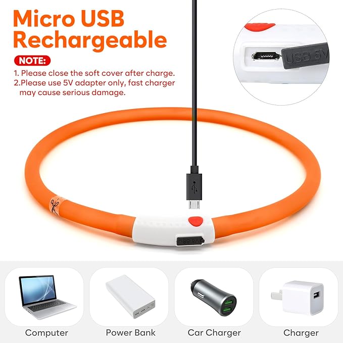 HIGO LED Dog Collar, Rechargeable Light Up Dog Collars, Lightweight Silicone Pet Safety Collar Lights for Night Walking (Orange-Silicone)